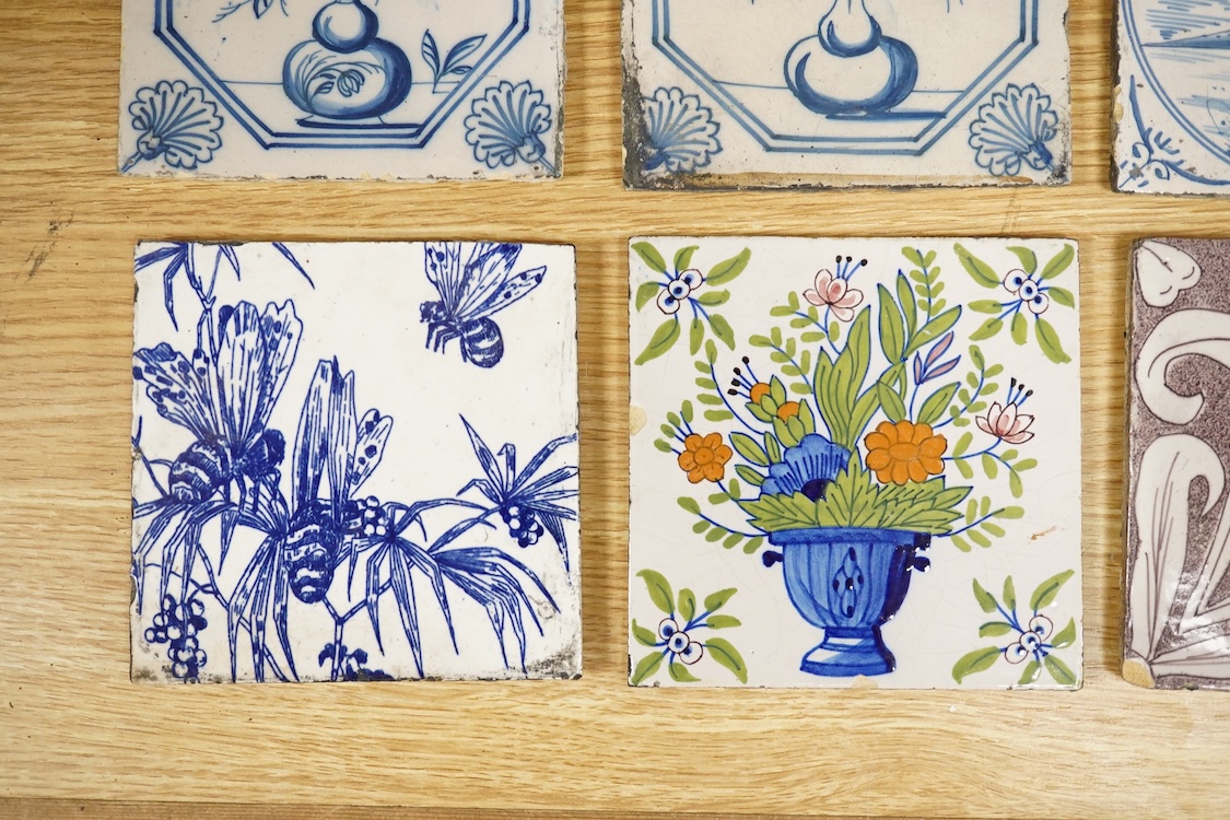 Four 18th century Dutch blue and while tiles, another in manganese and three other tiles 13cm square